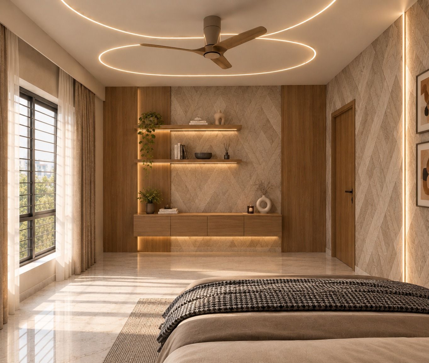 Bedroom with wood-panel wall